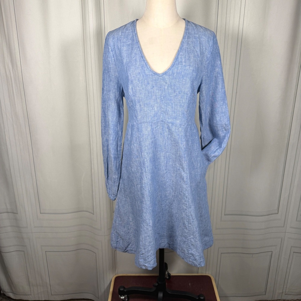 Boden Chambray Blue 100% Linen Fit Flare Dress Pockets Midi Size US 6R/UK 10R